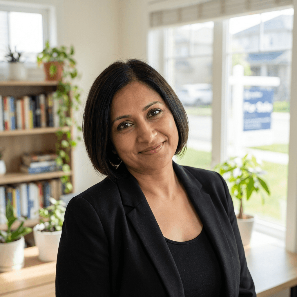 Priya Sharma, friendly female accountant in her early 40s, in a bright professional office