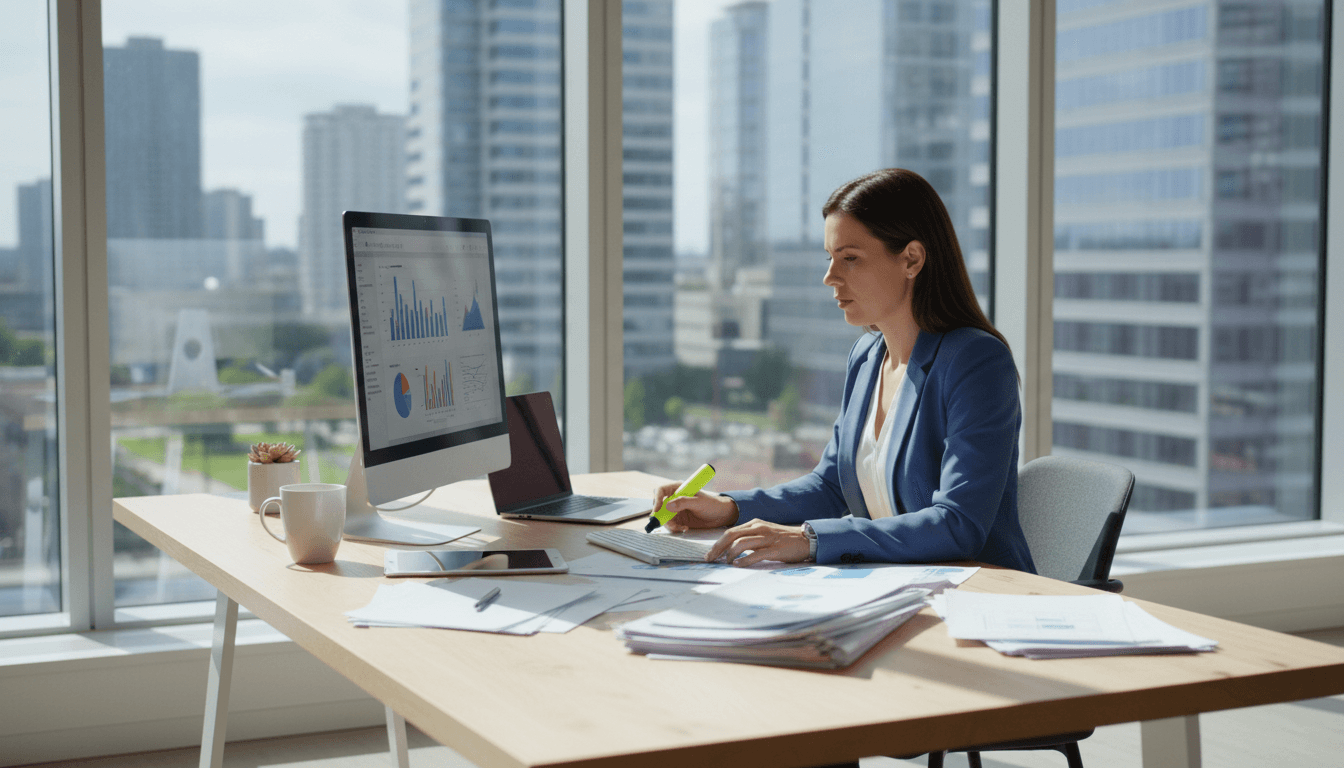 Professional accountant reviewing financial documents at a bright modern desk