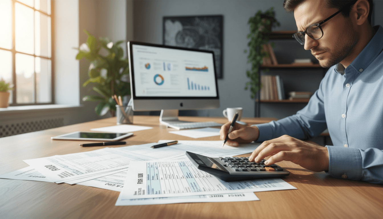Individual in professional attire reviewing tax paperwork