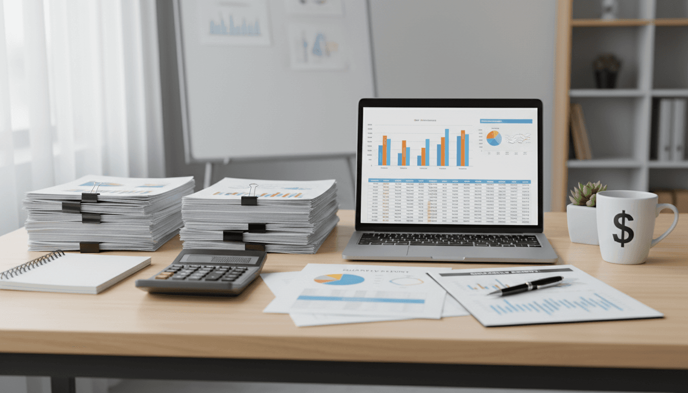 Binders of financial records arranged on a tidy desk