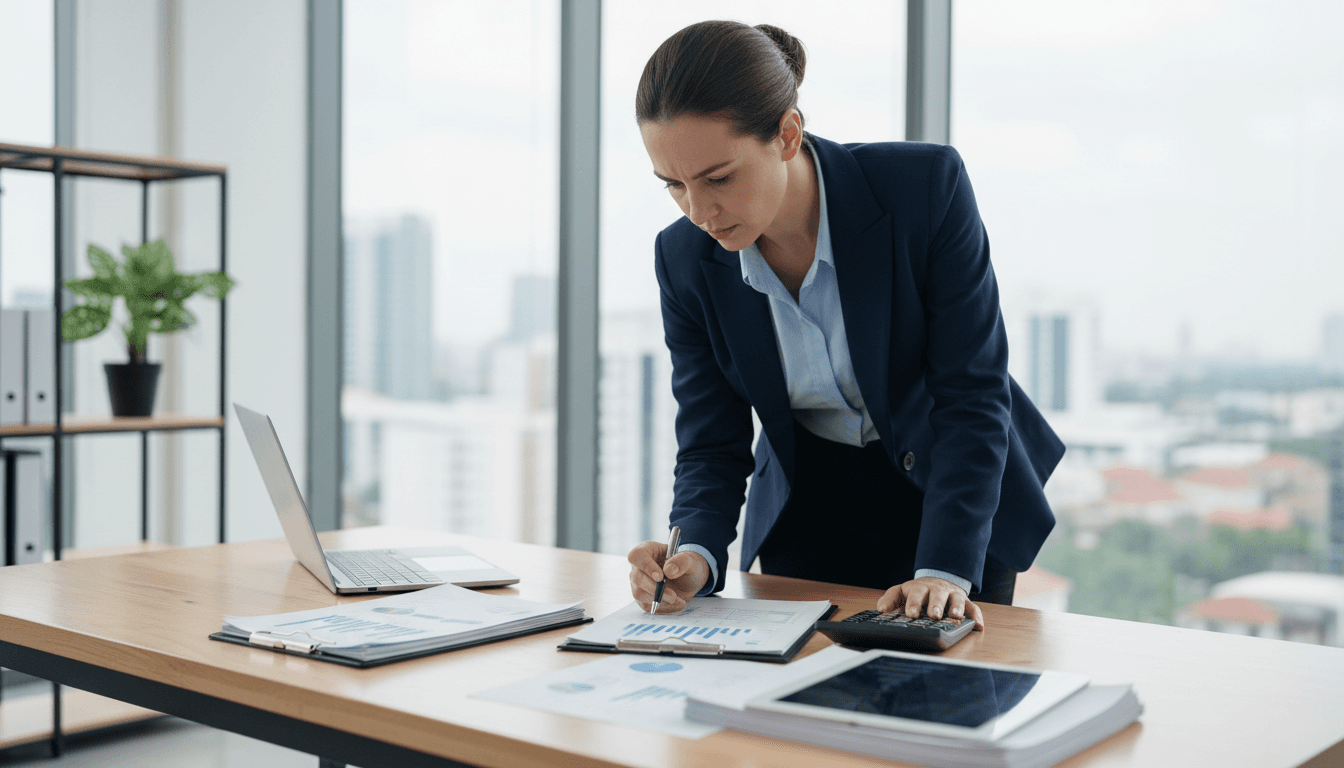 Professional accountant working with financial documents at a desk