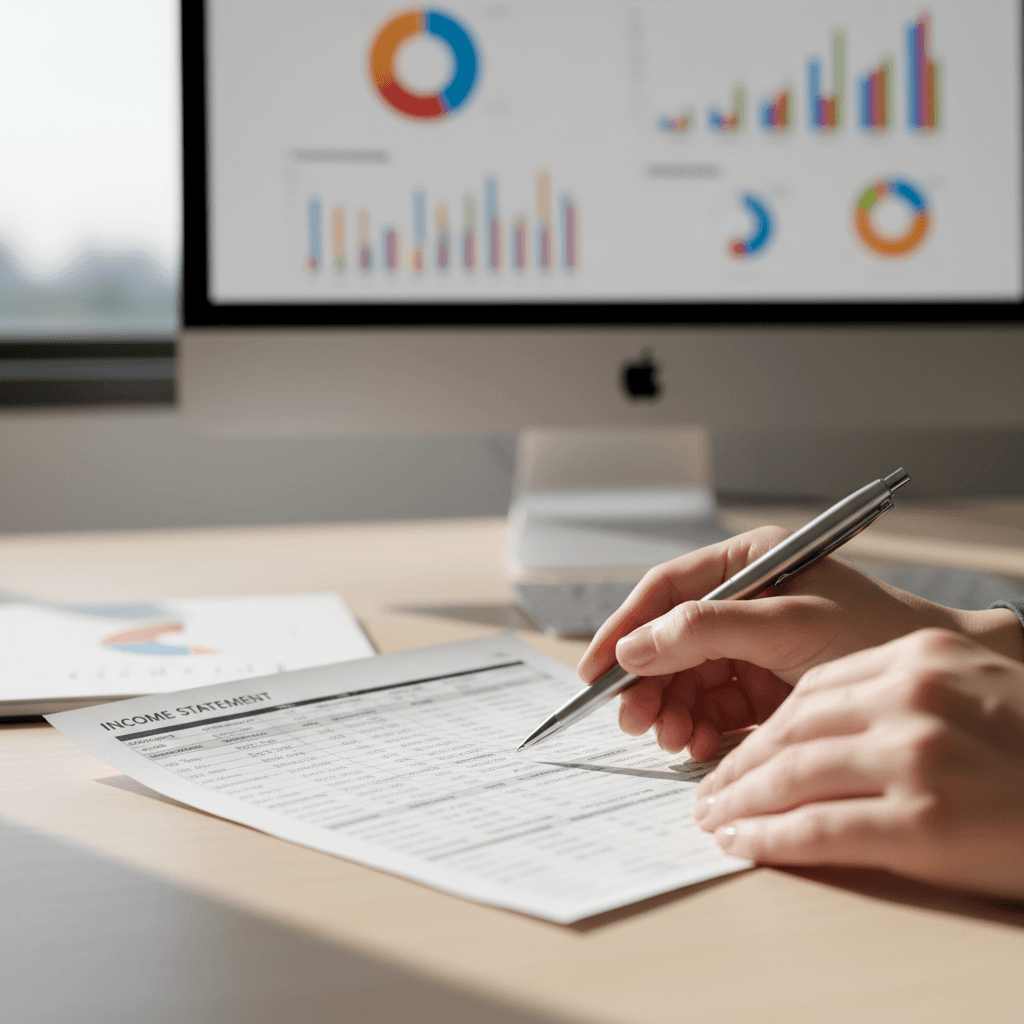 Professional accountant reviewing financial documents at a modern desk