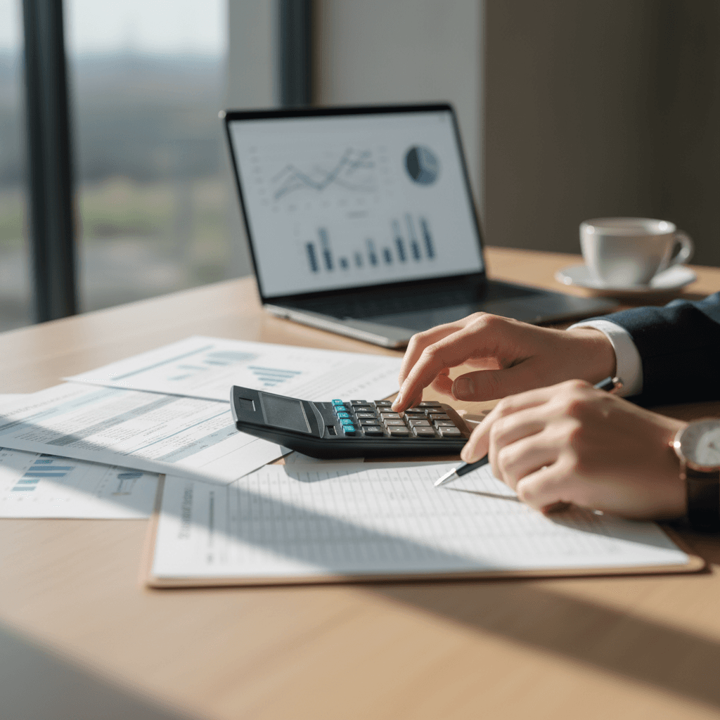 Professional accountant reviewing financial documents at a desk in a modern Toronto office