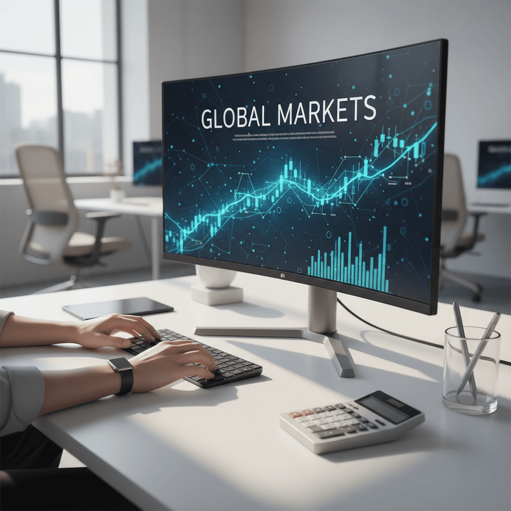 Financial analyst pointing at charts on a monitor in a bright office
