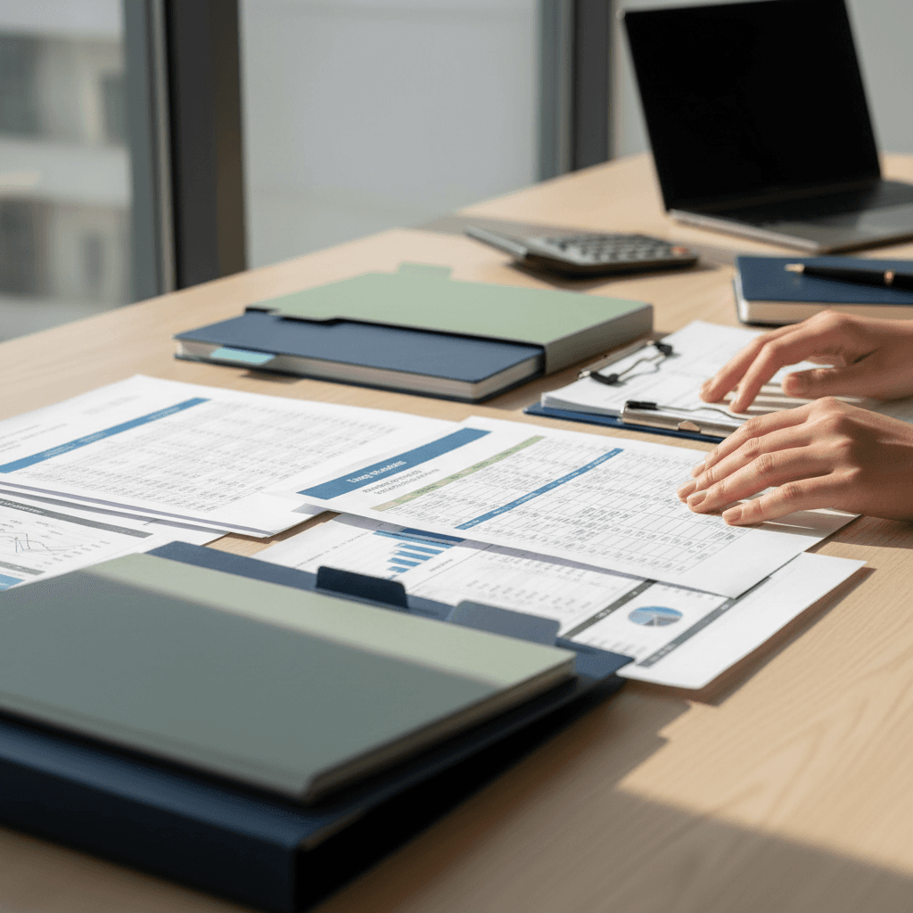 Accountant's hands sorting receipts and using a calculator at a clean desk