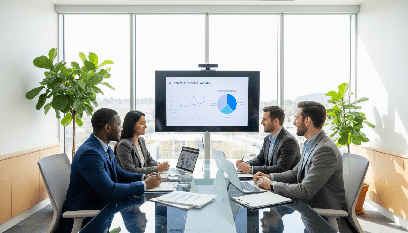 Accounting professional and client reviewing financial documents in a bright office
