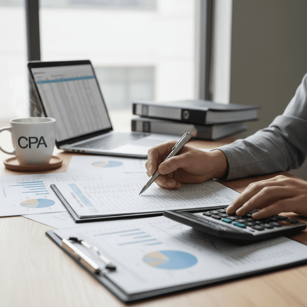 Professional reviewing tax paperwork with a pen at a desk